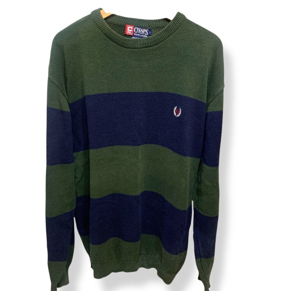 VTG Chaps Ralph Lauren Mens Sweater Blue Green Wide Stripes Preppy Made in USA